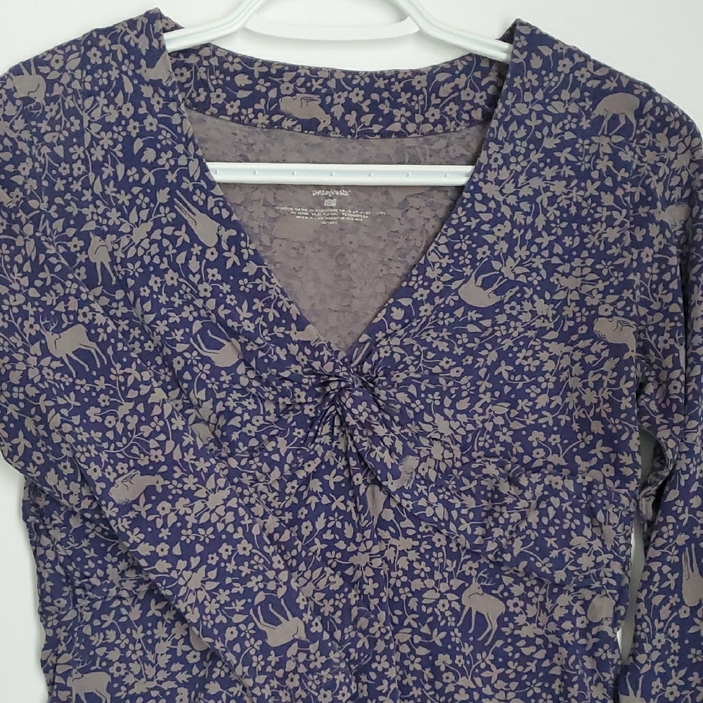 Patagonia Women's Blue Animal Patterned Ruched Organic Cotton Top Sz S Babydoll - Picture 9 of 14
